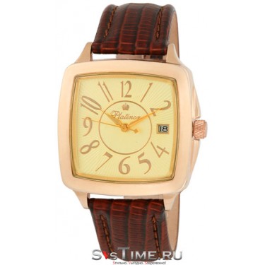 Мужские золотые наручные часы Platinor 40450.411 коричневый ремешок