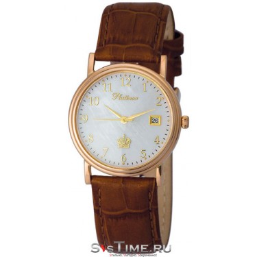 Мужские золотые наручные часы Platinor 50650.305 коричневый ремешок