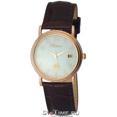 Мужские золотые наручные часы Platinor 50650.305 темно-коричневый ремешок