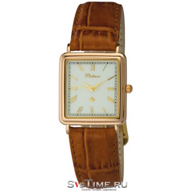 Мужские золотые наручные часы Platinor 54950.115 коричневый ремешок
