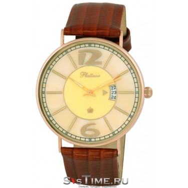 Мужские золотые наручные часы Platinor 56750.413 коричневый ремешок
