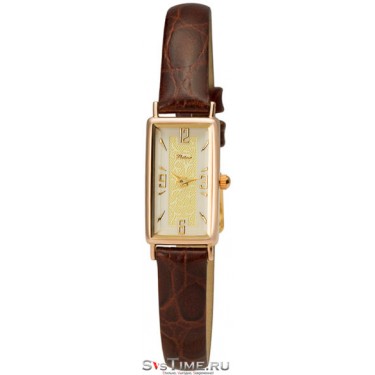 Женские золотые наручные часы Platinor 42550.153 коричневый ремешок