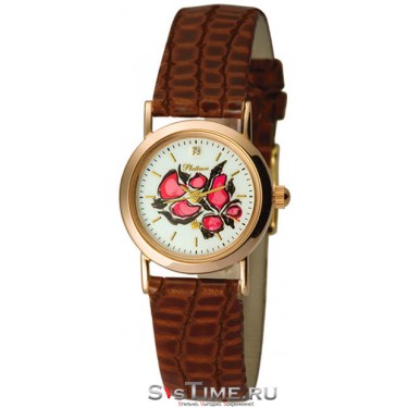 Женские золотые наручные часы Platinor 98150-1.137 коричневый ремешок