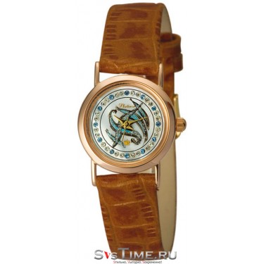 Женские золотые наручные часы Platinor 98150-1.338 коричневый ремешок